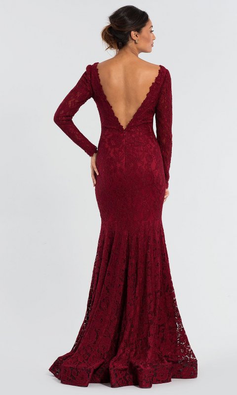 Long-Sleeve Burgundy Red Lace MOB Dress by JO-50026