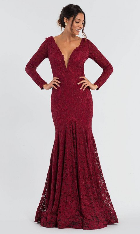 Long-Sleeve Burgundy Red Lace MOB Dress by JO-50026