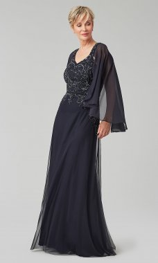 Navy Blue Long Mother-of-the-Bride Dress with Capelet JU-MC-261429MC