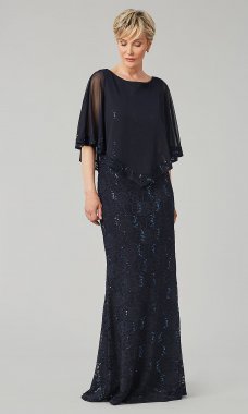 Long Navy Blue Sequined-Lace MOB Dress with Capelet JU-ON-650273