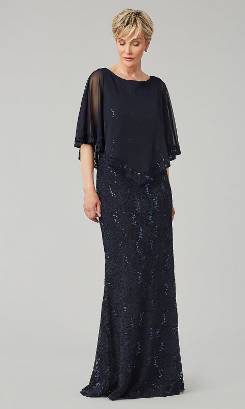 Long Navy Blue Sequined-Lace MOB Dress with Capelet JU-ON-650273