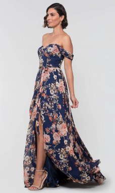Long Chiffon Floral-Print MOB Dress KL-200055m