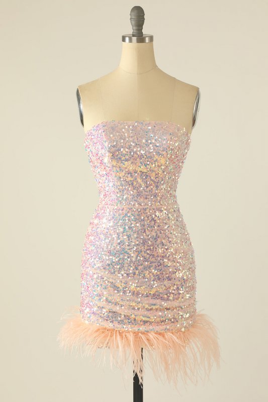 Pink Sequin Homecoming Dress with Feathers E202283206