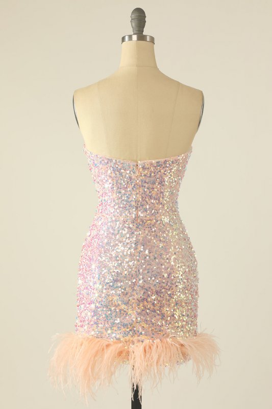 Pink Sequin Homecoming Dress with Feathers E202283206