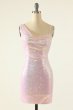 Pink One Shoulder Tight Sequins Short Homecoming Dresses E202283211