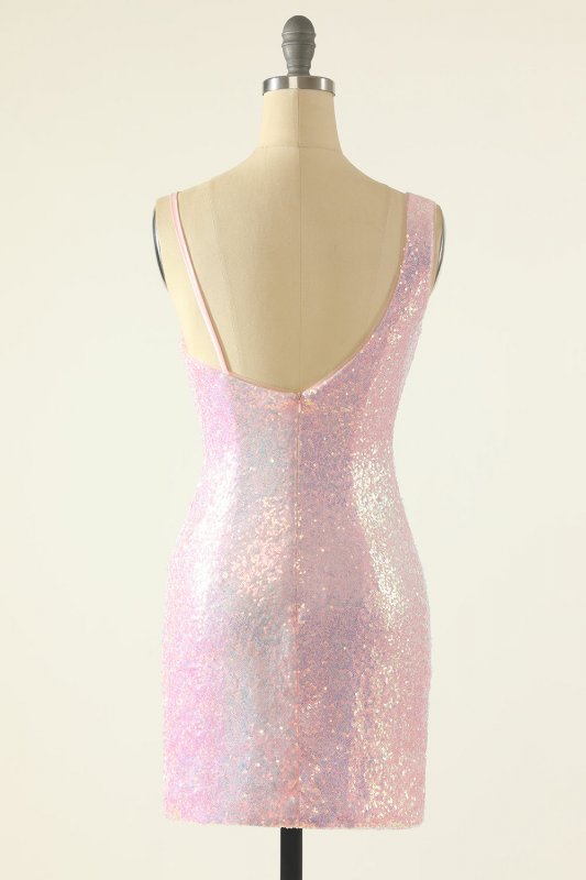 Pink One Shoulder Tight Sequins Short Homecoming Dresses E202283211