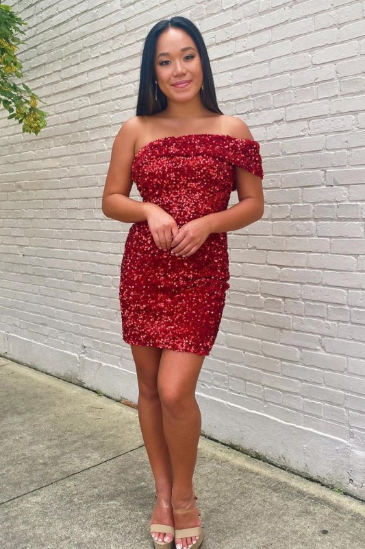 Sheath One Shoulder Blue Sequins Short Homecoming Dress E202283660