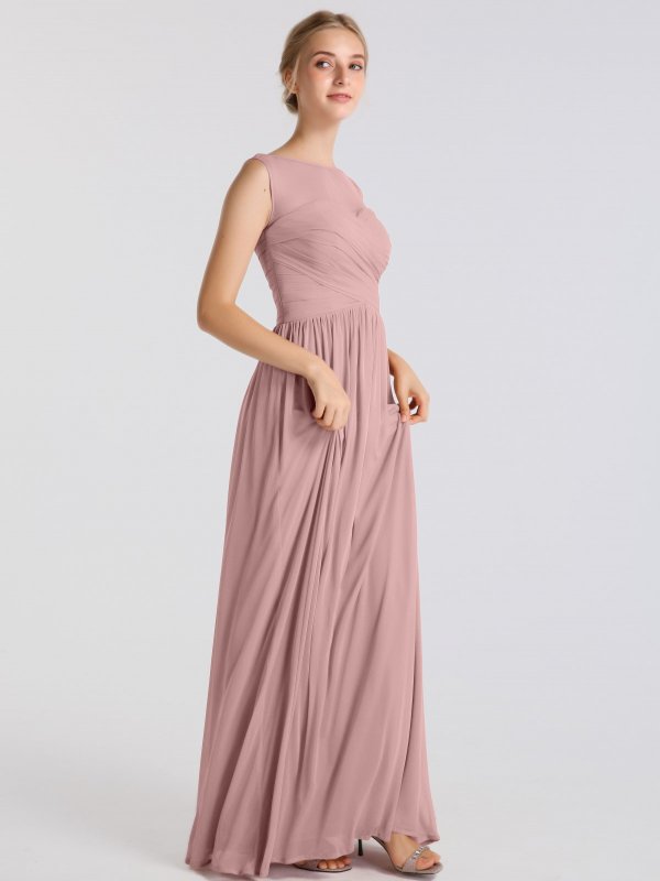 Long Sleeveless A-line Illusion Neckline Mesh Bridesmaid Dress AB202110