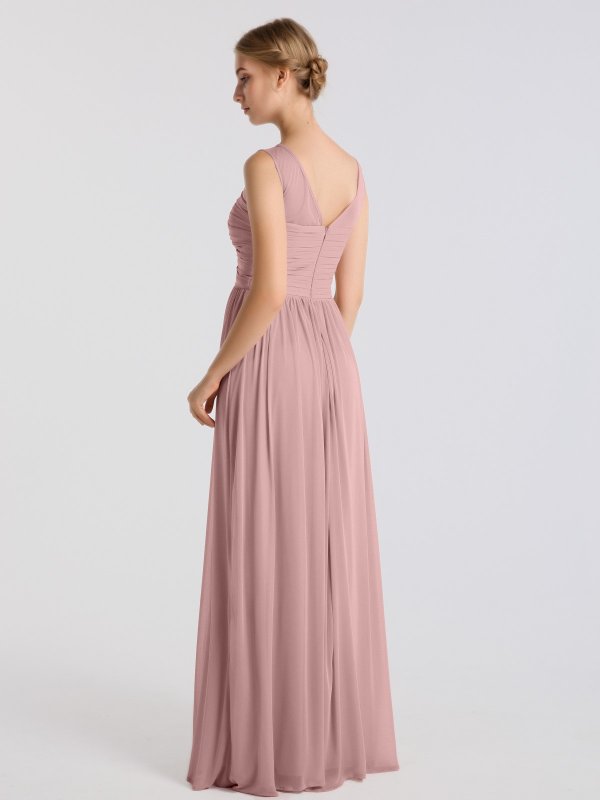 Long Sleeveless A-line Illusion Neckline Mesh Bridesmaid Dress AB202110