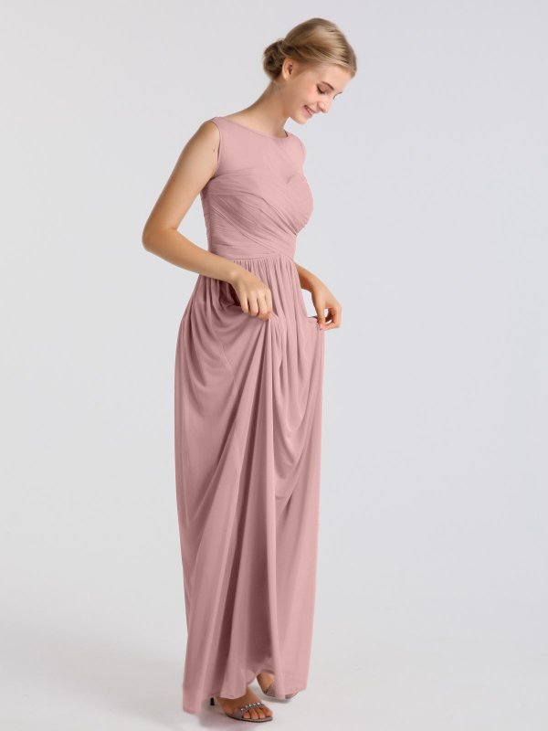 Long Sleeveless A-line Illusion Neckline Mesh Bridesmaid Dress AB202110