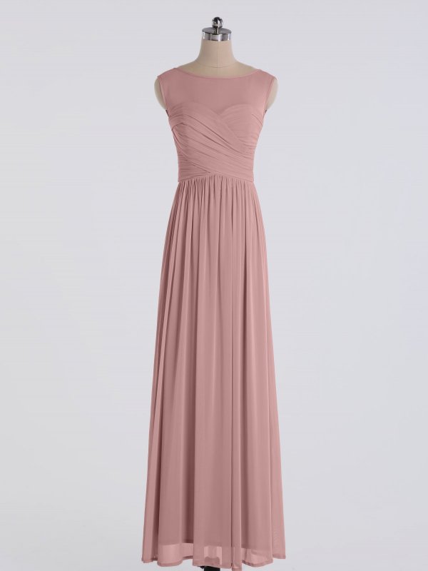 Long Sleeveless A-line Illusion Neckline Mesh Bridesmaid Dress AB202110