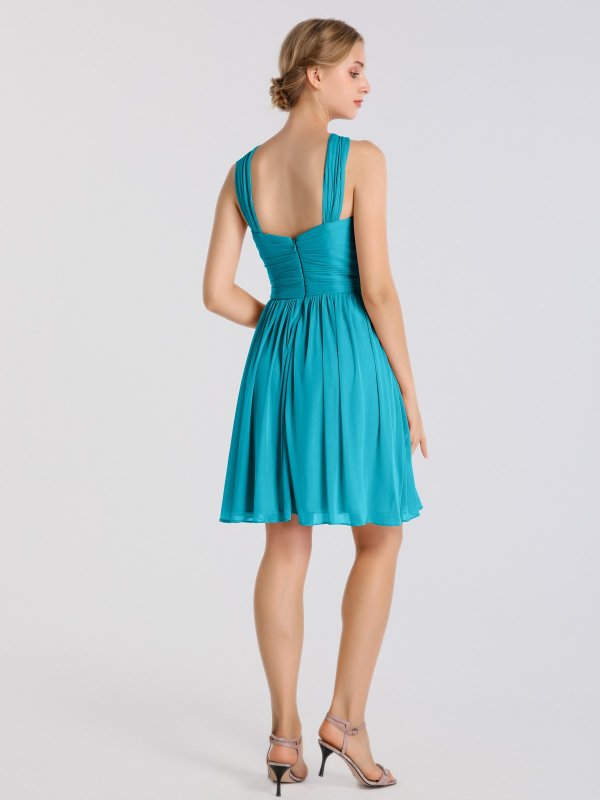 Short Y-Neck Pleated Mesh Bridesmaid Dress AB202140