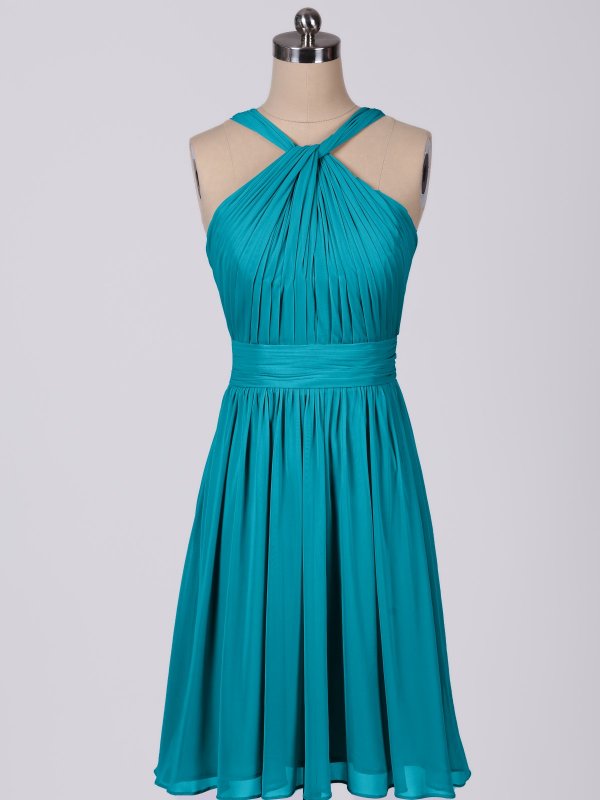 Short Y-Neck Pleated Mesh Bridesmaid Dress AB202140