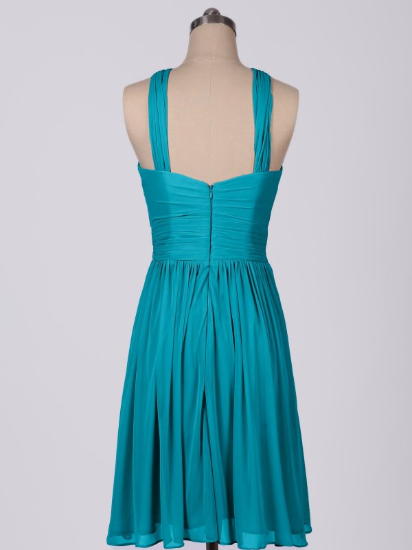 Short Y-Neck Pleated Mesh Bridesmaid Dress AB202140