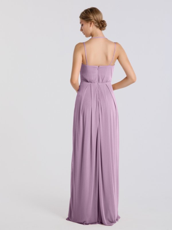 Double Skinny Straps V-neck Mesh Bridesmaid Dress with Front Slit AB202064