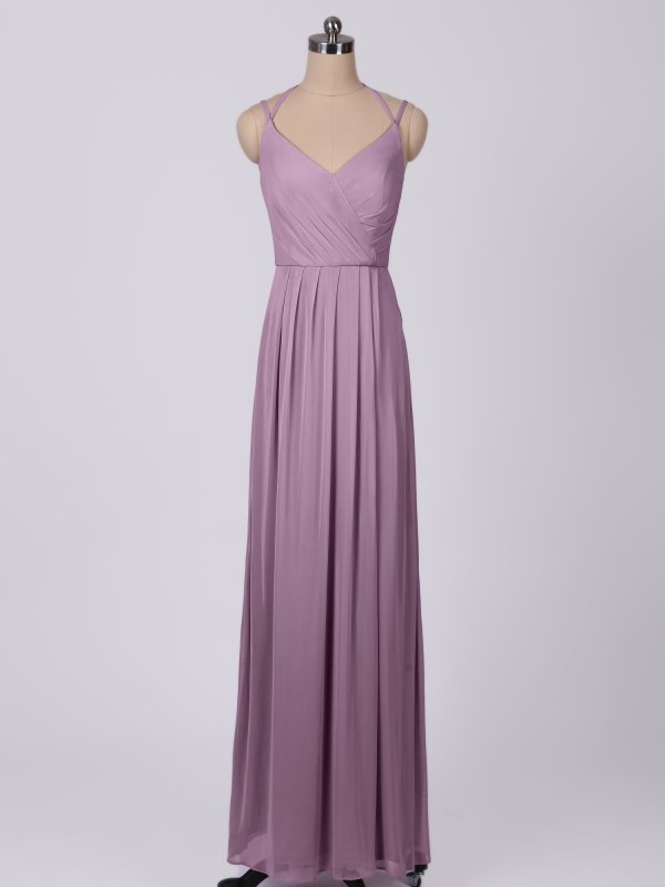 Double Skinny Straps V-neck Mesh Bridesmaid Dress with Front Slit AB202064