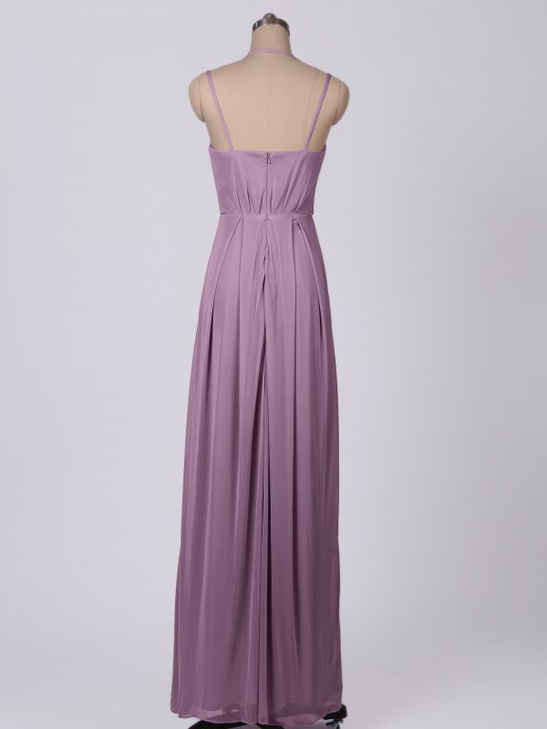 Double Skinny Straps V-neck Mesh Bridesmaid Dress with Front Slit AB202064