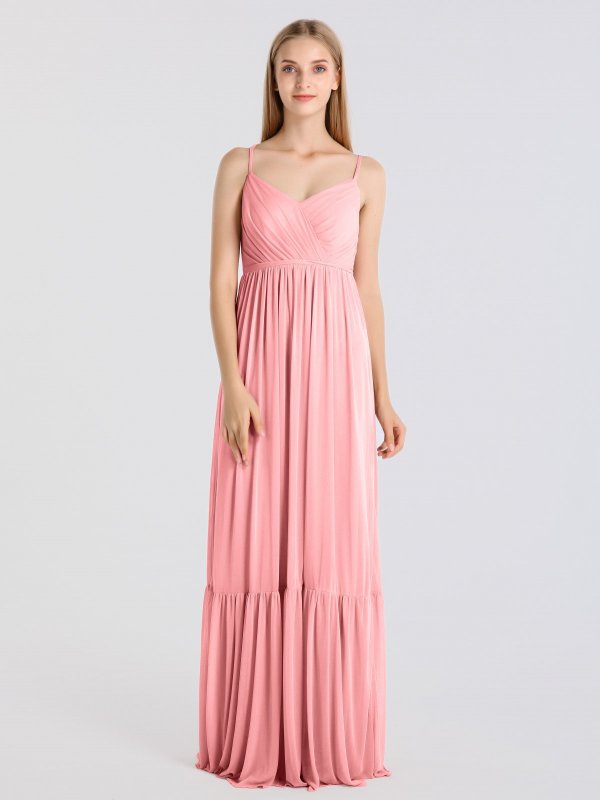 Boho-chic Long Spaghetti Straps Mesh Bridesmaid Dress AB202058