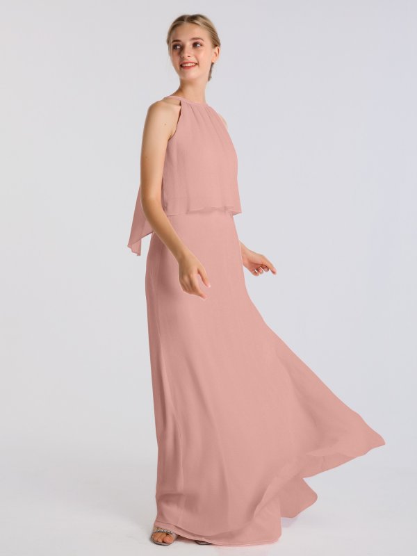 Long Sheath Flounced Halter Crinkle Chiffon Bridesmaid Gown AB202107