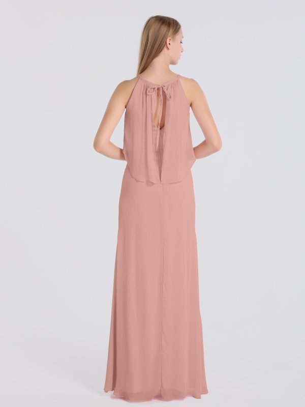 Long Sheath Flounced Halter Crinkle Chiffon Bridesmaid Gown AB202107