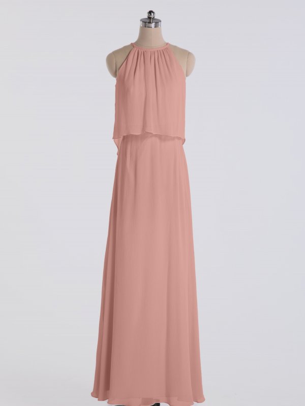 Long Sheath Flounced Halter Crinkle Chiffon Bridesmaid Gown AB202107