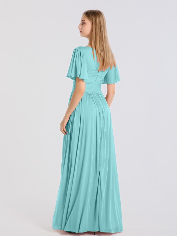 Long A-line Flutter Sleeve Crisscross Mesh Bridesmaid Dress AB202055