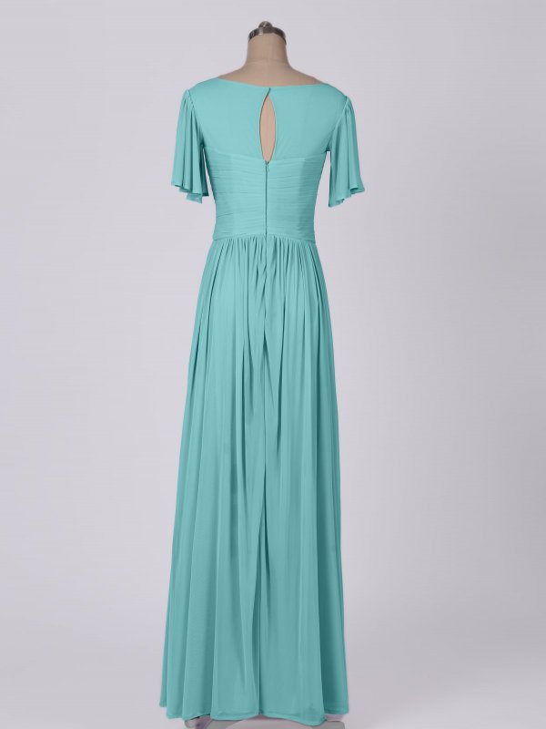 Long A-line Flutter Sleeve Crisscross Mesh Bridesmaid Dress AB202055