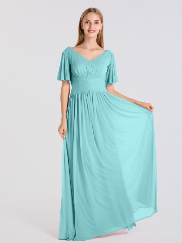 Long A-line Flutter Sleeve Crisscross Mesh Bridesmaid Dress AB202055