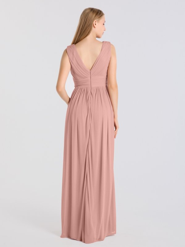 Long Pleated Tank V Neckline Mesh Dress for Bridesmaids AB202102