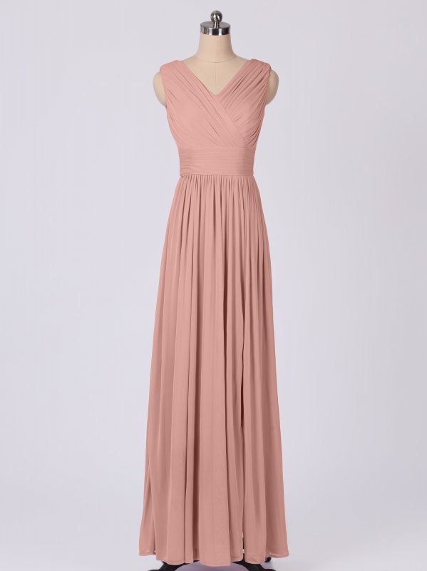 Long Pleated Tank V Neckline Mesh Dress for Bridesmaids AB202102