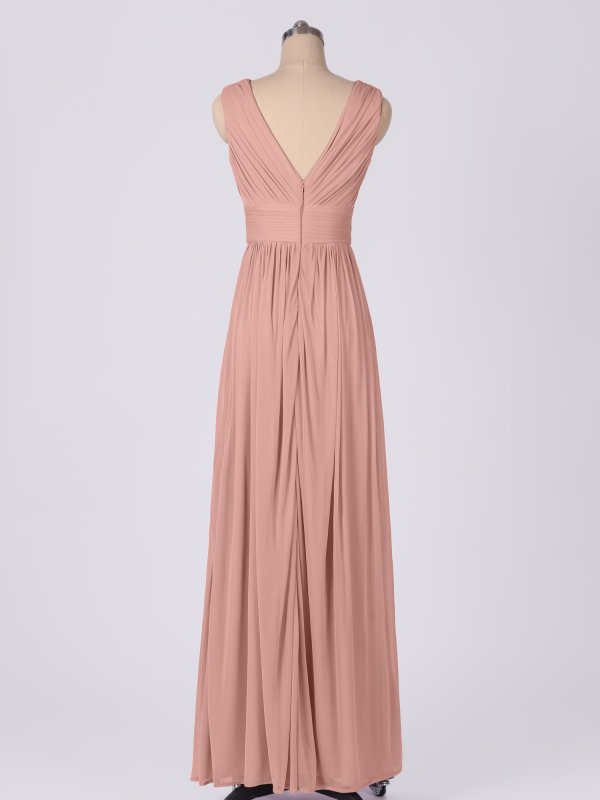 Long Pleated Tank V Neckline Mesh Dress for Bridesmaids AB202102