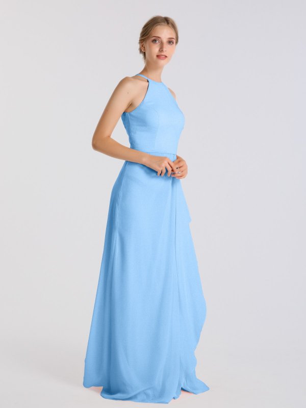 High Halter Neck Long Sheath Chiffon Bridesmaid Gown with Cascade AB202079