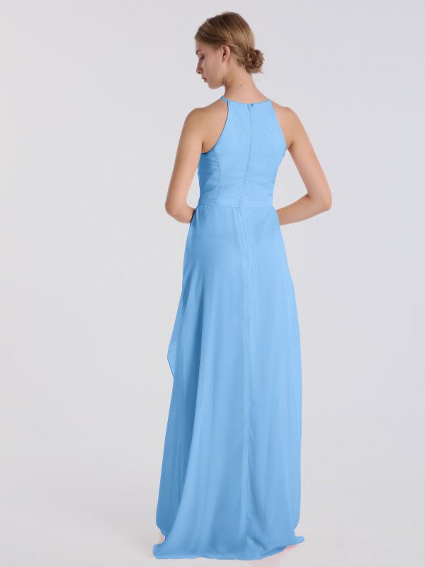 High Halter Neck Long Sheath Chiffon Bridesmaid Gown with Cascade AB202079