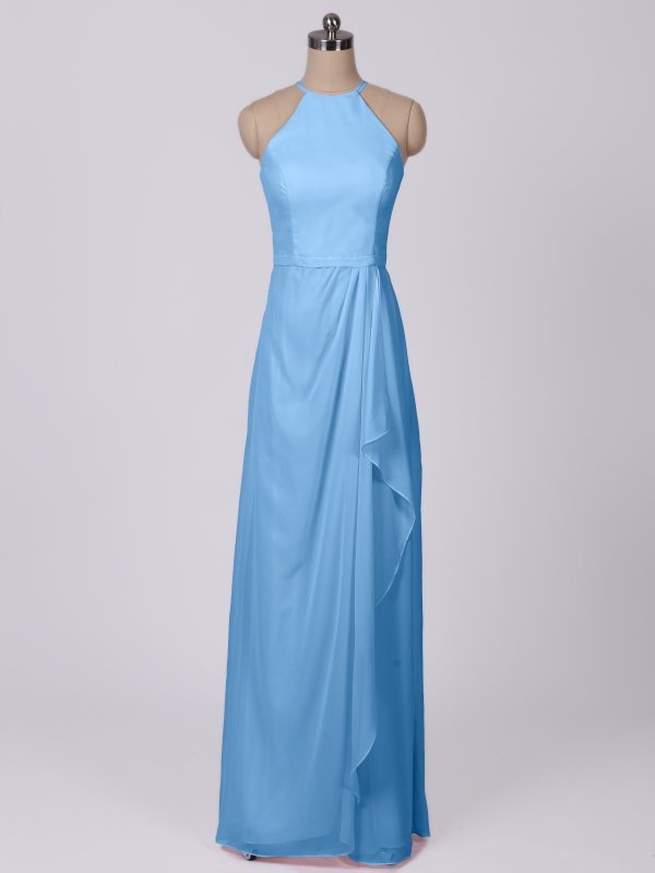 High Halter Neck Long Sheath Chiffon Bridesmaid Gown with Cascade AB202079