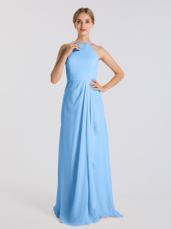 High Halter Neck Long Sheath Chiffon Bridesmaid Gown with Cascade AB202079