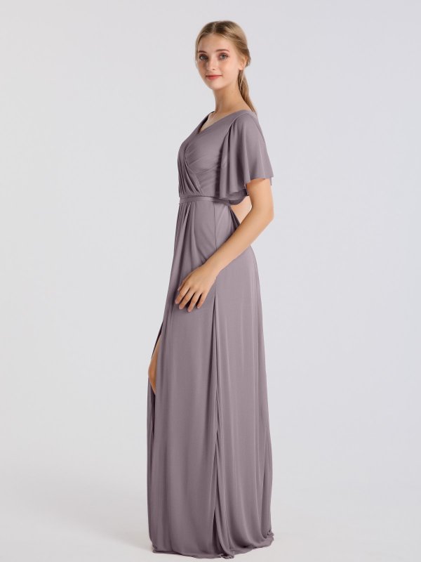 Flutter Sleeves Long A-line V-neck Mesh Bridesmaid Dress AB202073