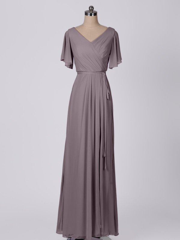 Flutter Sleeves Long A-line V-neck Mesh Bridesmaid Dress AB202073