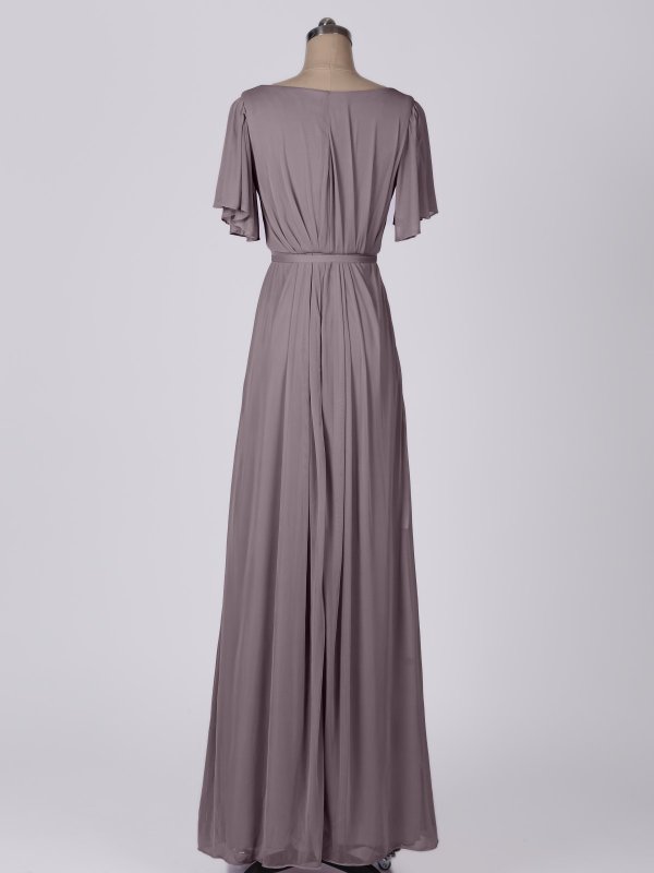 Flutter Sleeves Long A-line V-neck Mesh Bridesmaid Dress AB202073