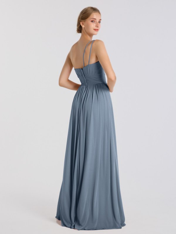 Long One Shoulder Mesh Bridesmaid Dress with Ruched Waist AB202100