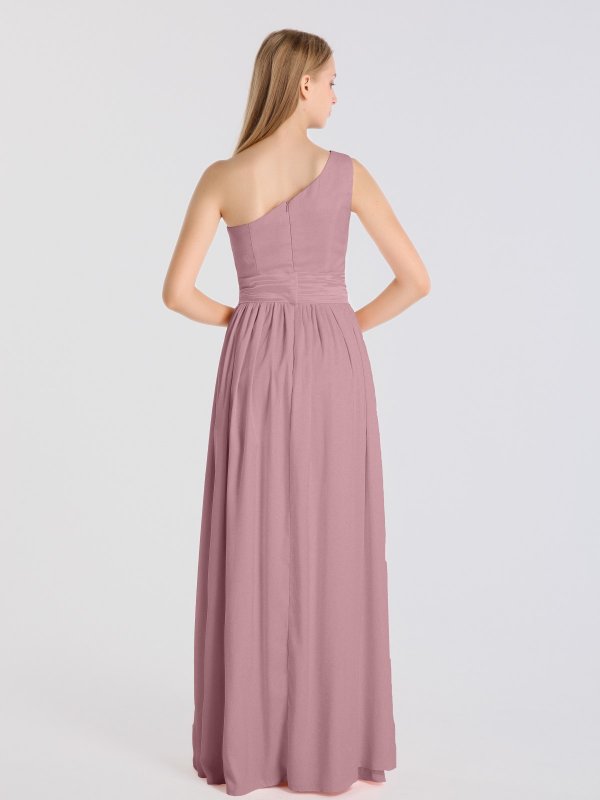 Chic Long One Shoulder Satin Dress for Bridesmaids with Sash AB202059