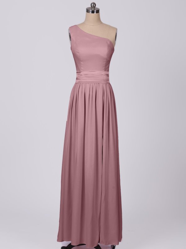 Chic Long One Shoulder Satin Dress for Bridesmaids with Sash AB202059