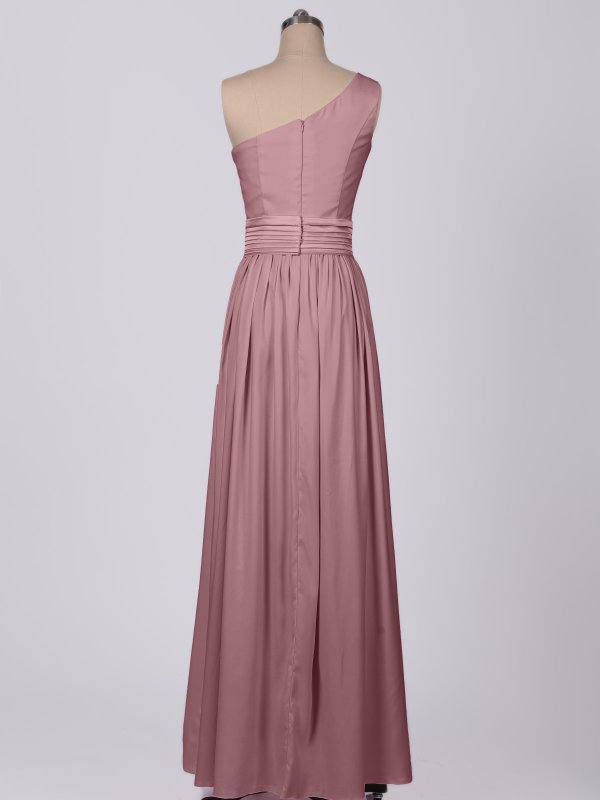 Chic Long One Shoulder Satin Dress for Bridesmaids with Sash AB202059