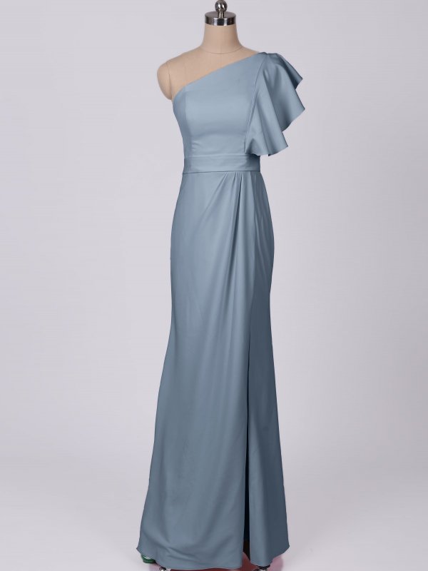 Ruffled One-Shoulder Crinkle Chiffon Bridesmaid Dress with Belt AB202130