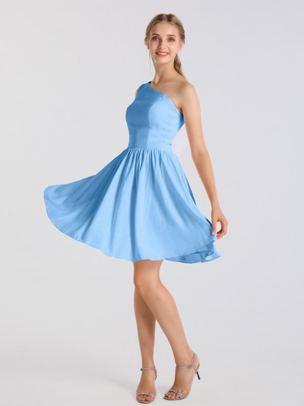 Short One Shoulder Dress With Satin Sash and Pockets AB202138