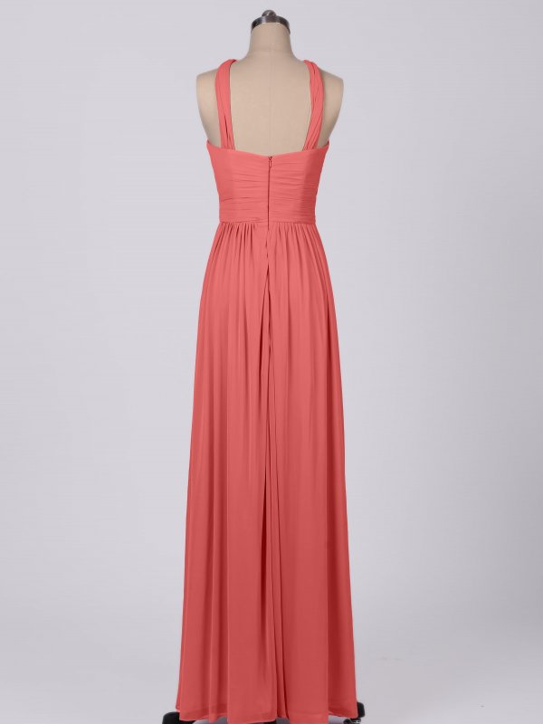 Flowing Long A-line Y-neck Pleated Mesh Bridesmaid Dress AB202048