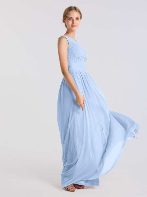 Micro-Pleated Long Mesh One-Shoulder Bridesmaid Dress AB202120