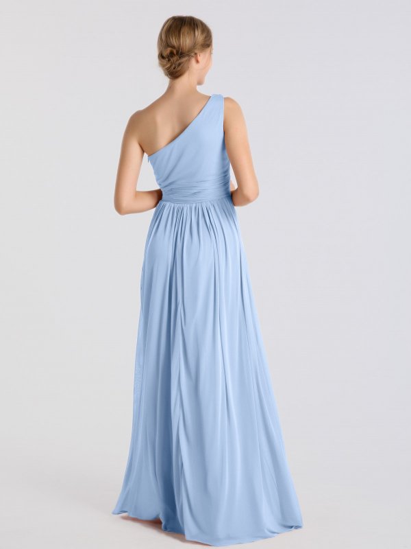 Micro-Pleated Long Mesh One-Shoulder Bridesmaid Dress AB202120