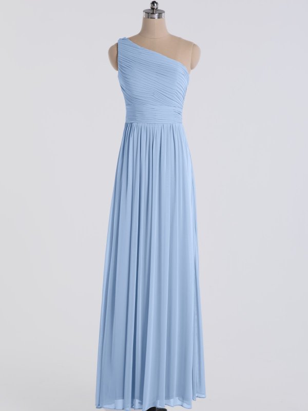 Micro-Pleated Long Mesh One-Shoulder Bridesmaid Dress AB202120