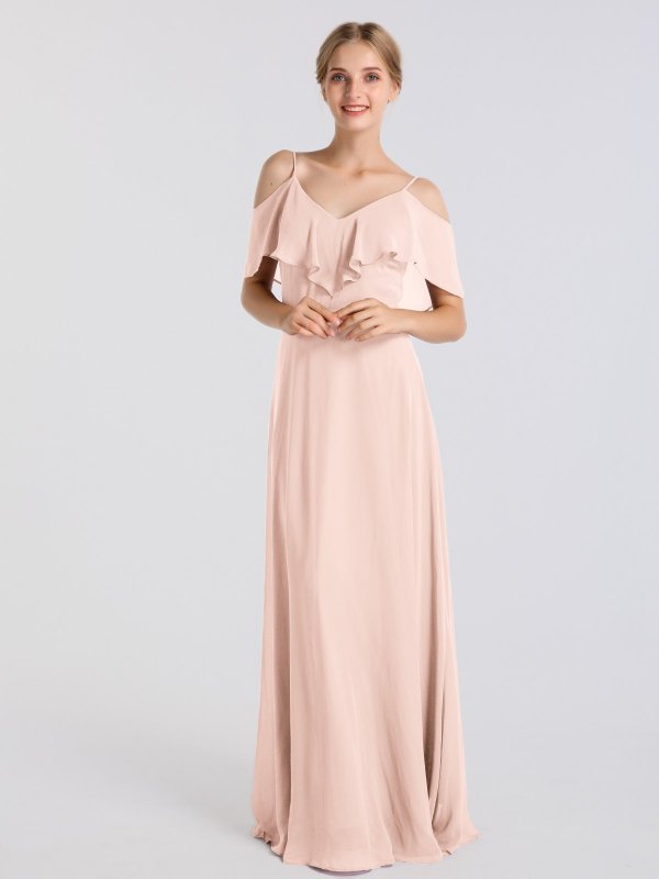 Chiffon Long A-line Cold-Shoulder Bridesmaid Dress with V-Neck AB202043