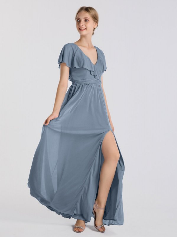 Flutter Sleeve Long Chiffon Front Slit Bridesmaid Dress AB202049